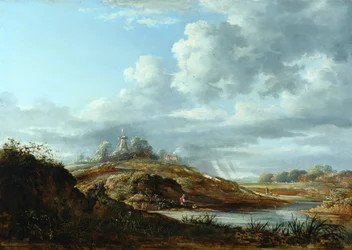 En vindmølle over en flod